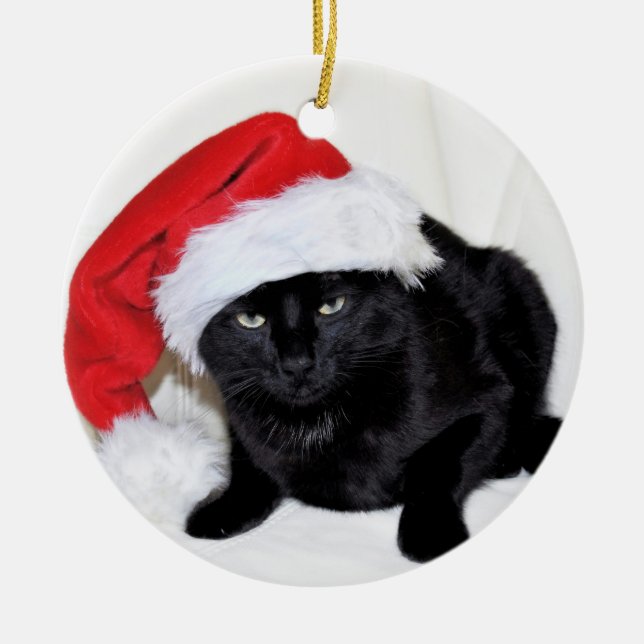 Cute Black Cat with Santa Hat Ceramic Tree Decoration (Front)