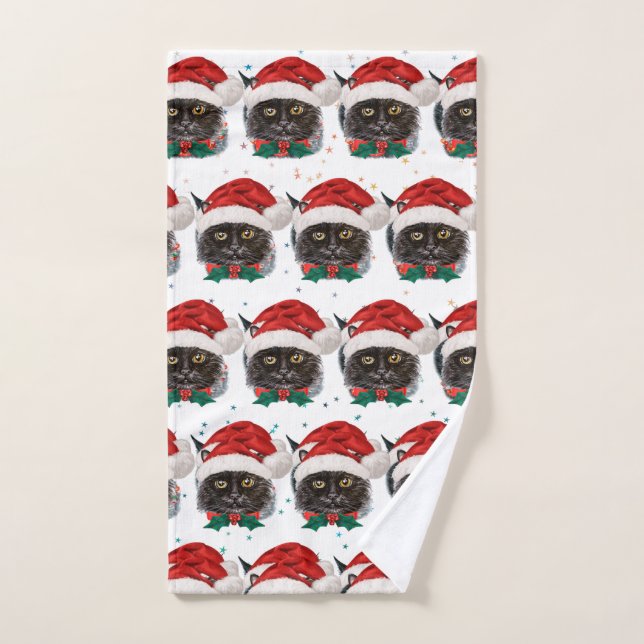 Cute Black Cat with Santa Hat on Christmas Hand Towel (Hand Towel)