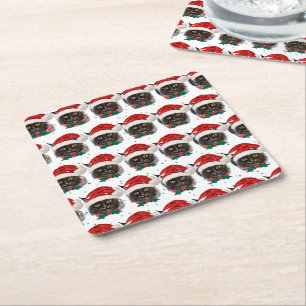Cute Black Cat with Santa Hat on Christmas Square Paper Coaster