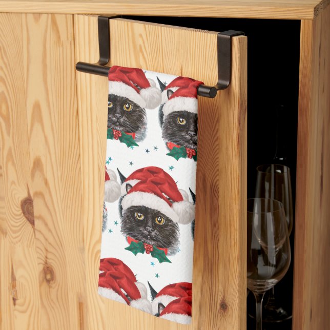 Cute Black Cat with Santa Hat on Christmas Tea Towel (Thirds Fold)