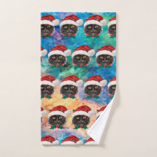 Cute Black Cat with Santa Hat Pattern Hand Towel