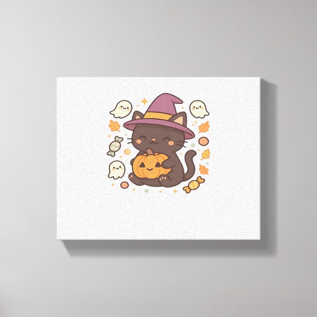 Cute Black Cat with Witch Hat – Kawaii Halloween A Canvas Print (Front)