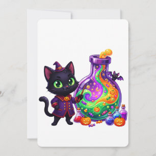 Cute Black Cat Wizard Magic Potion Halloween Invitation