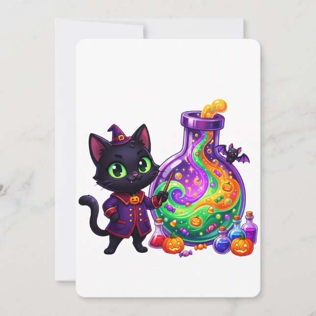 Cute Black Cat Wizard Magic Potion Halloween Invitation (Front)