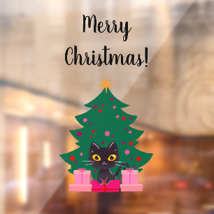 Cute Black Cat & XmasTree Merry Christmas Text