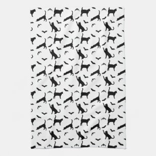 Cute Black Cats And Bats Pattern Fun Halloween Tea Towel