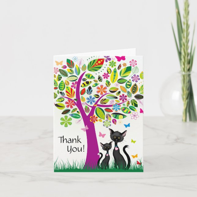 Cute Black Cats and Colourful Flower Tree Thank Thank You Card (Front)