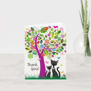 Cute Black Cats and Colourful Flower Tree Thank You Card