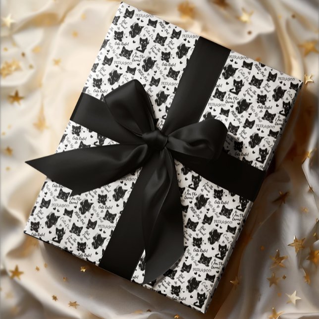 Cute Black Cats and Sayings Pattern Wrapping Paper (Cute Black Cats and Sayings with Hearts Pattern Wrapping Paper for Cat Lovers and Halloween)