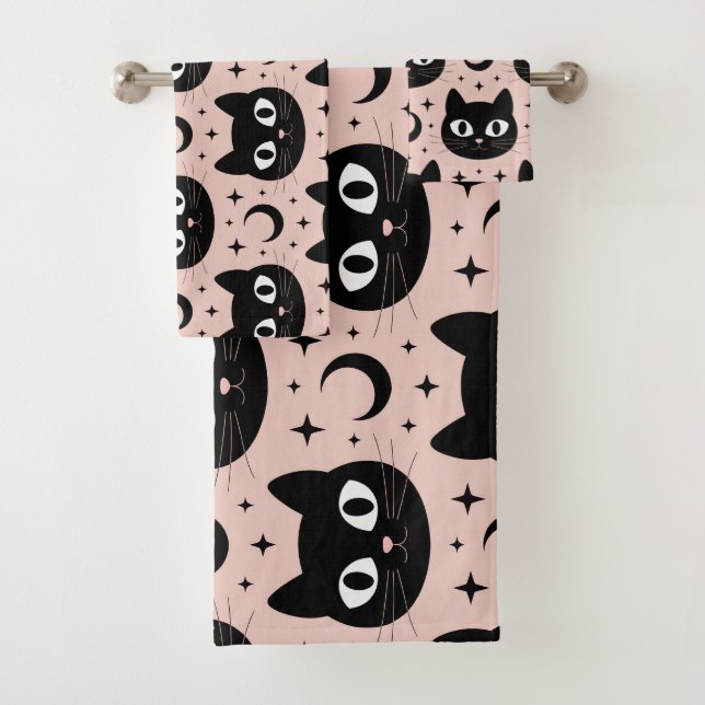 Cute Black Cats & Celestial Halloween Bath Towel Set (Insitu)