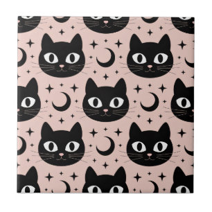 Cute Black Cats & Celestial Halloween Tile