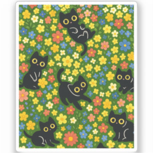 Cute Black Cats Floral Meadow Pattern