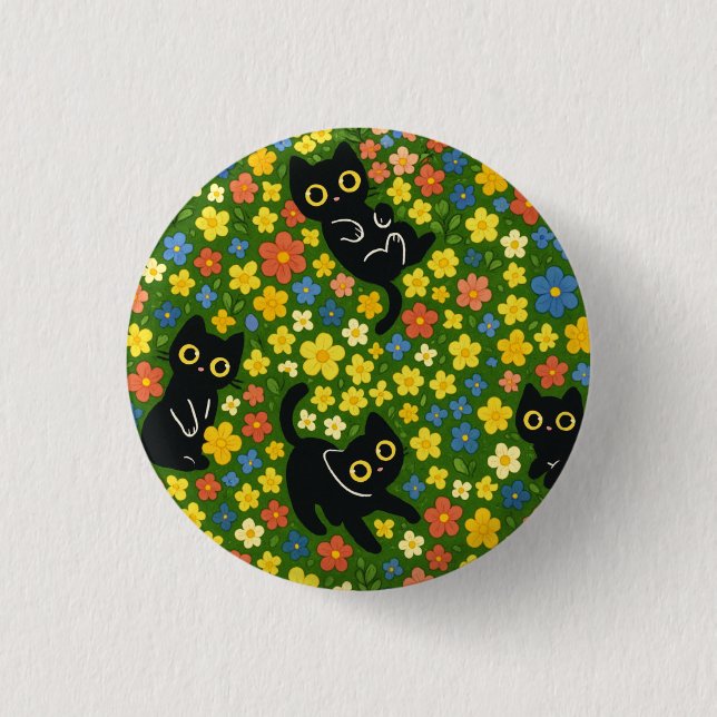 Cute Black Cats Floral Meadow Pattern 3 Cm Round Badge (Front)