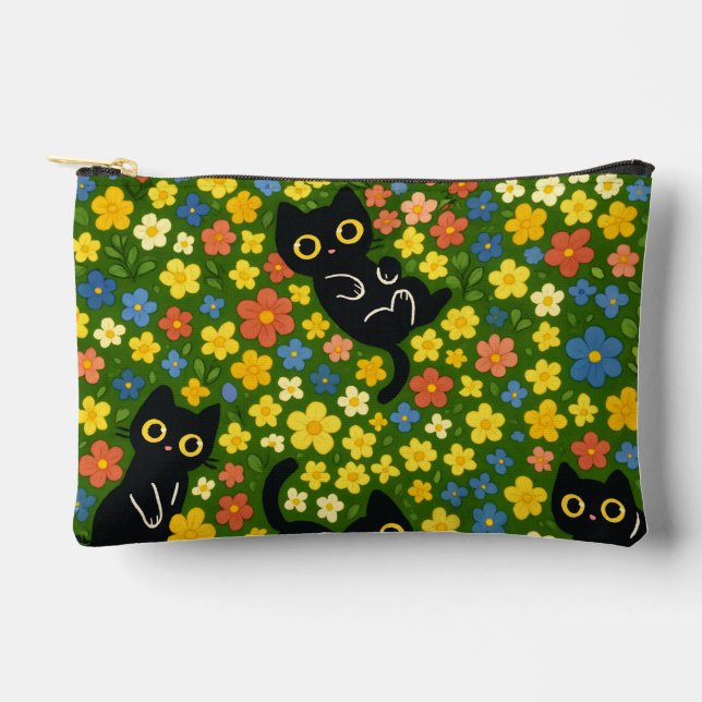 Cute Black Cats Floral Meadow Pattern Accessory Pouch (Front)