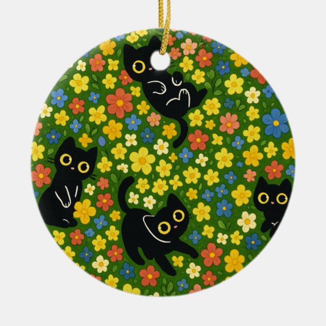 Cute Black Cats Floral Meadow Pattern Ceramic Tree Decoration (Front)
