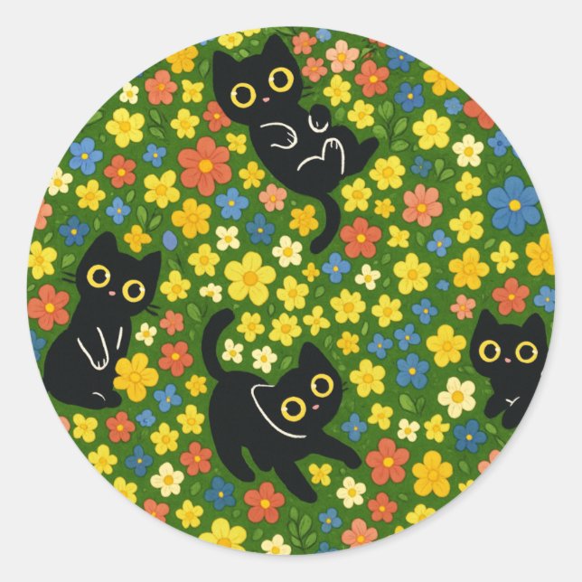 Cute Black Cats Floral Meadow Pattern Classic Round Sticker (Front)