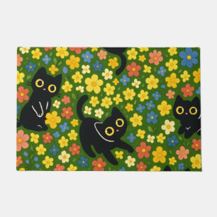 Cute Black Cats Floral Meadow Pattern Doormat