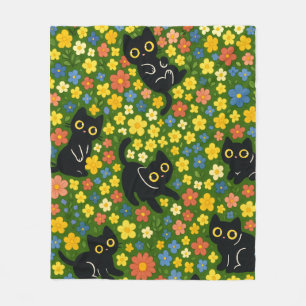Cute Black Cats Floral Meadow Pattern Fleece Blanket