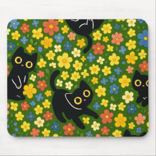 Cute Black Cats Floral Meadow Pattern Mouse Pad
