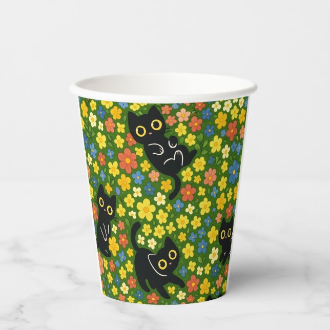 Cute Black Cats Floral Meadow Pattern Paper Cups (Front)