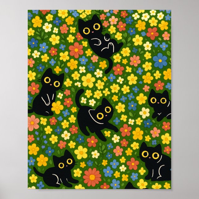Cute Black Cats Floral Meadow Pattern Poster (Front)