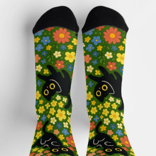 Cute Black Cats Floral Meadow Pattern Socks