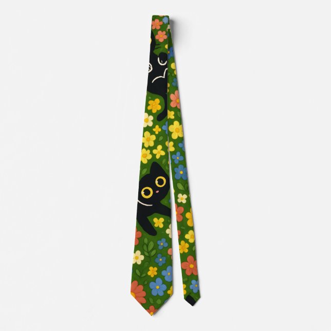 Cute Black Cats Floral Meadow Pattern Tie (Front)