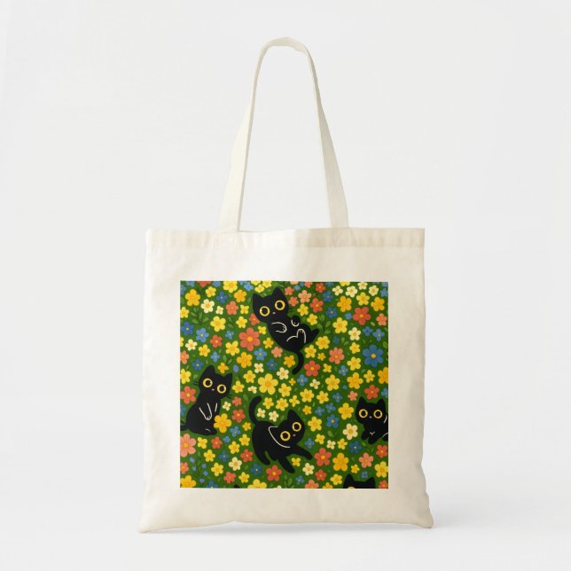 Cute Black Cats Floral Meadow Pattern Tote Bag (Front)