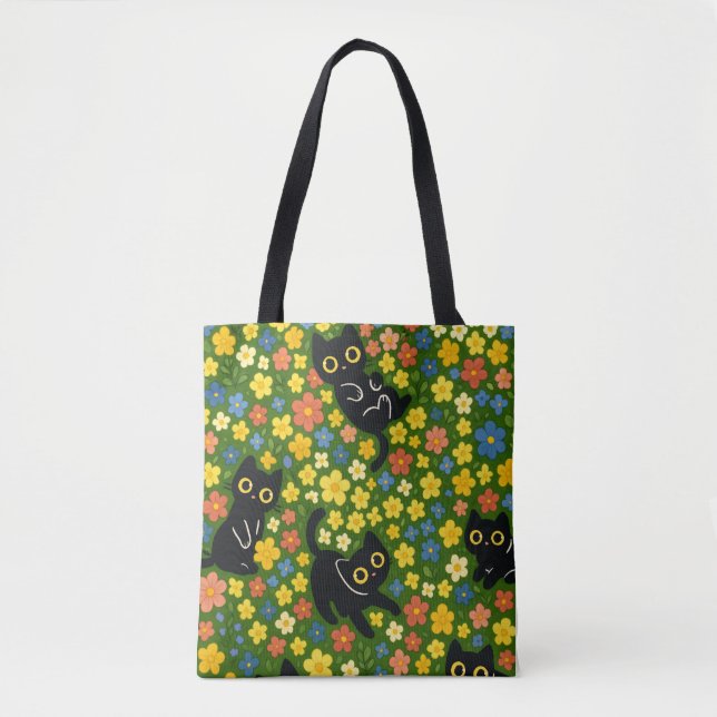 Cute Black Cats Floral Meadow Pattern Tote Bag (Front)