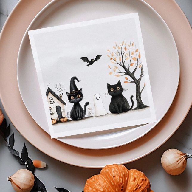 Cute Black Cats Halloween Party Napkin (Cute Black Cats Halloween Party Napkins on an orange plate with autumn decoration)