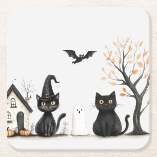 Cute Black Cats Halloween Party Square Paper Coaster