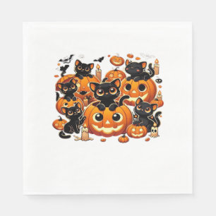 Cute Black Cats in Pumpkins Halloween Night Artwor Napkin