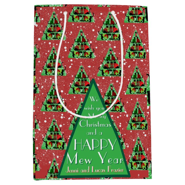 Cute Black Cats in Sweaters Christmas Tree Red  Medium Gift Bag (Front)