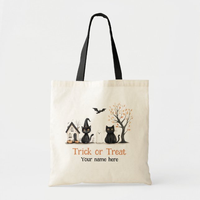 Cute Black Cats Trick or Treat Custom Name Tote Bag (Front)