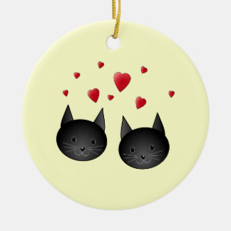 Cute Black Cats with Hearts, on cream. Ceramic Tree Decoration