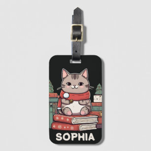 Cute Black Christmas Cat Name Personalised Kids Luggage Tag