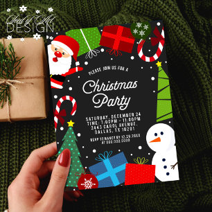 Cute Black Christmas Party Santa & Snowman Invitation