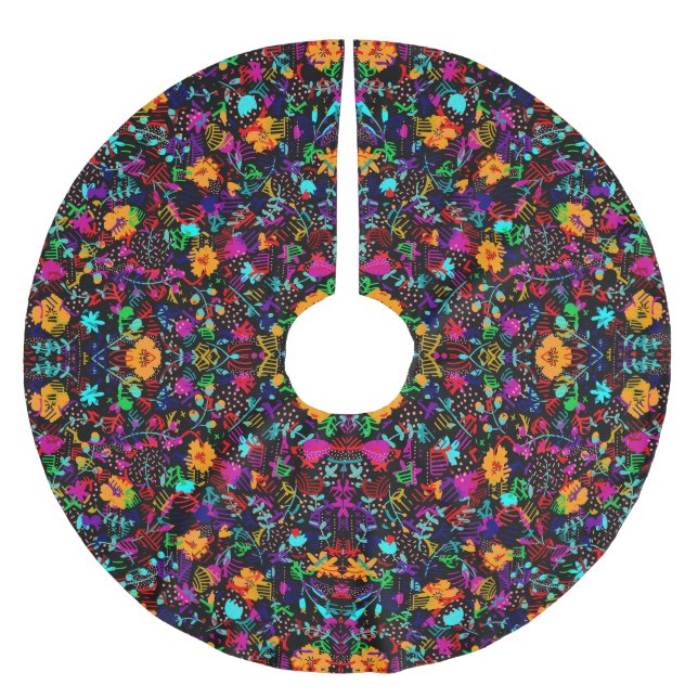 Cute black colourful abstract flowers brushed polyester tree skirt (Front)