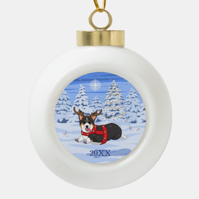 Cute Black Corgi Christmas Reindeer Costume Ceramic Ball Christmas Ornament (Front)