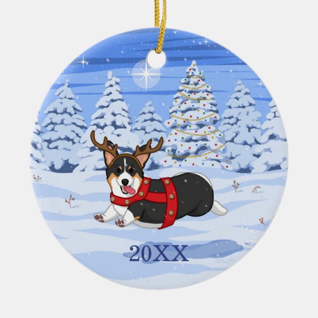 Cute Black Corgi Christmas Reindeer Costume Ceramic Tree Decoration (Front)