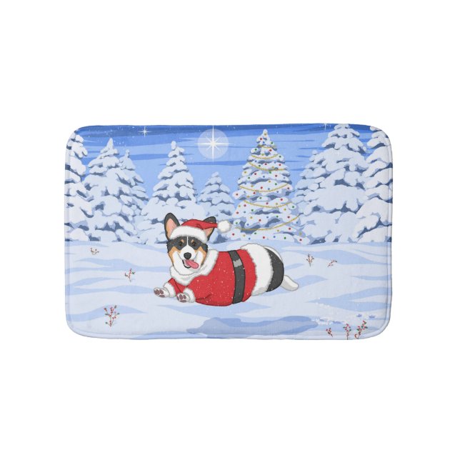 Cute Black Corgi in Christmas Santa Costume Bath Mat (Front)