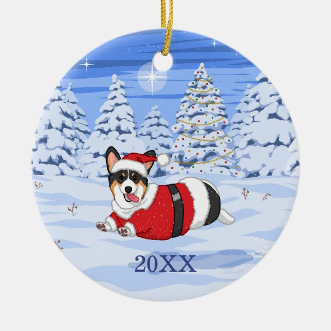 Cute Black Corgi in Christmas Santa Costume Ceramic Tree Decoration (Front)