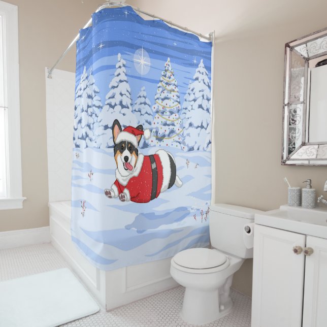 Cute Black Corgi in Christmas Santa Costume Shower Curtain (In Situ)