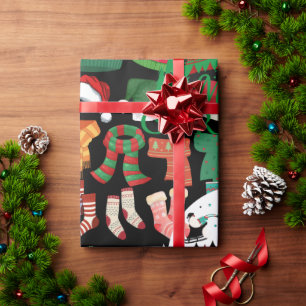 Cute black Cosy Christmas Hats Scarves & Socks Wrapping Paper