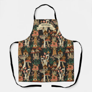 Cute Black Cottage Core Floral Mushroom Pattern Apron