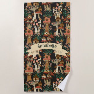 Cute Black Cottage Core Floral Mushroom Pattern Beach Towel