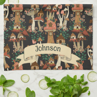 Cute Black Cottage Core Floral Mushroom Pattern Tea Towel