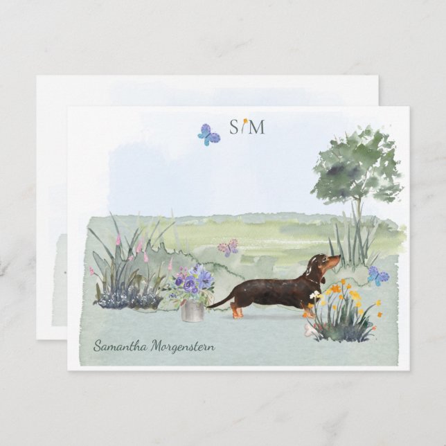 Cute Black Dachshund Dog Butterfly Monogram Name  Card (Front/Back)