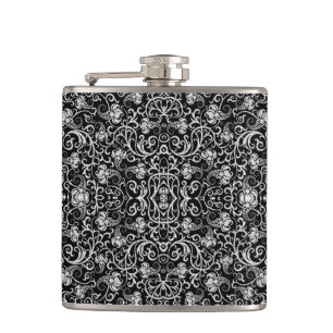 Cute black dalmatian flowers background design hip flask