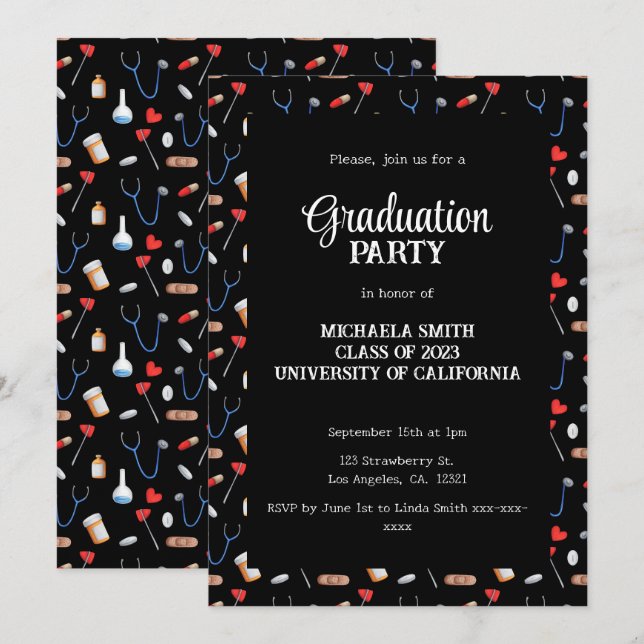 Cute Black Doctor Pattern Graduation Party  Invitation (Front/Back)